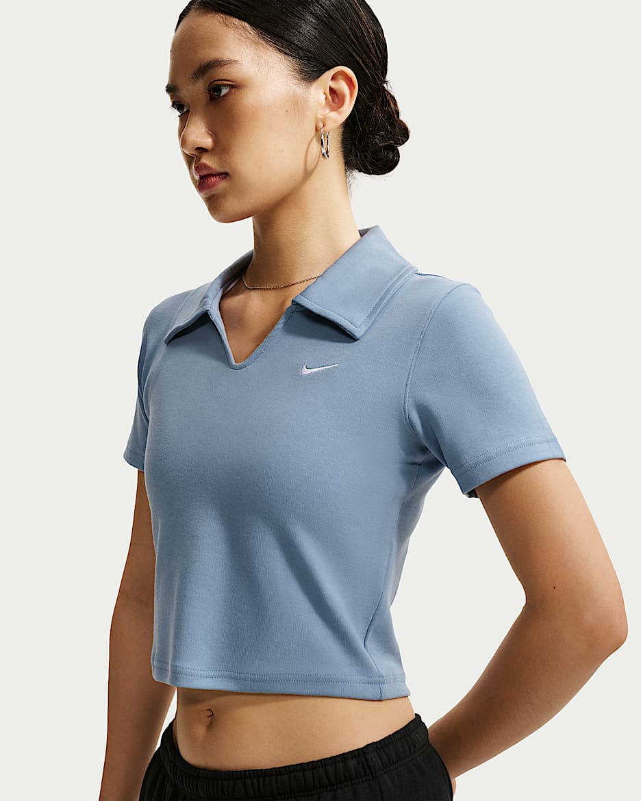 Nike Sportswear 女子紧身短款短袖翻领T恤 - 工作蓝/白色