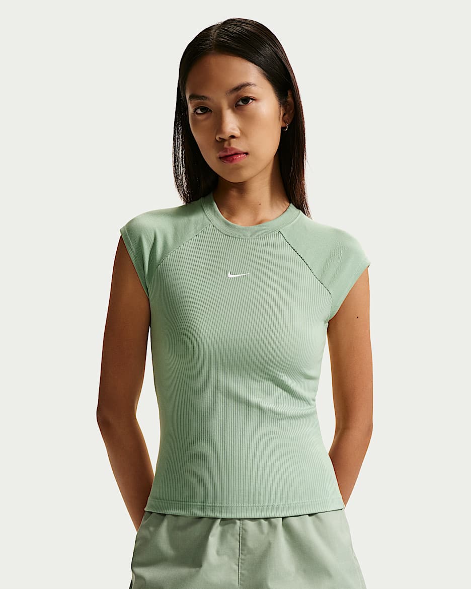 Nike Sportswear Chill Knit 女子紧身短袖罗纹上衣 - 温和灰绿/帆白