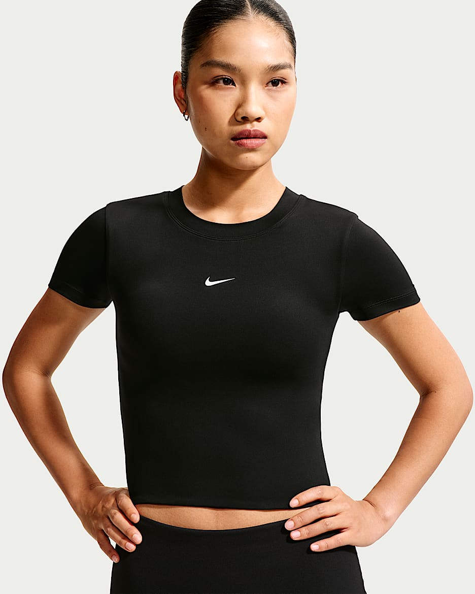 Nike One Dri-FIT 女子速干低强度支撑衬垫运动内衣式短袖上衣 - 黑/白色