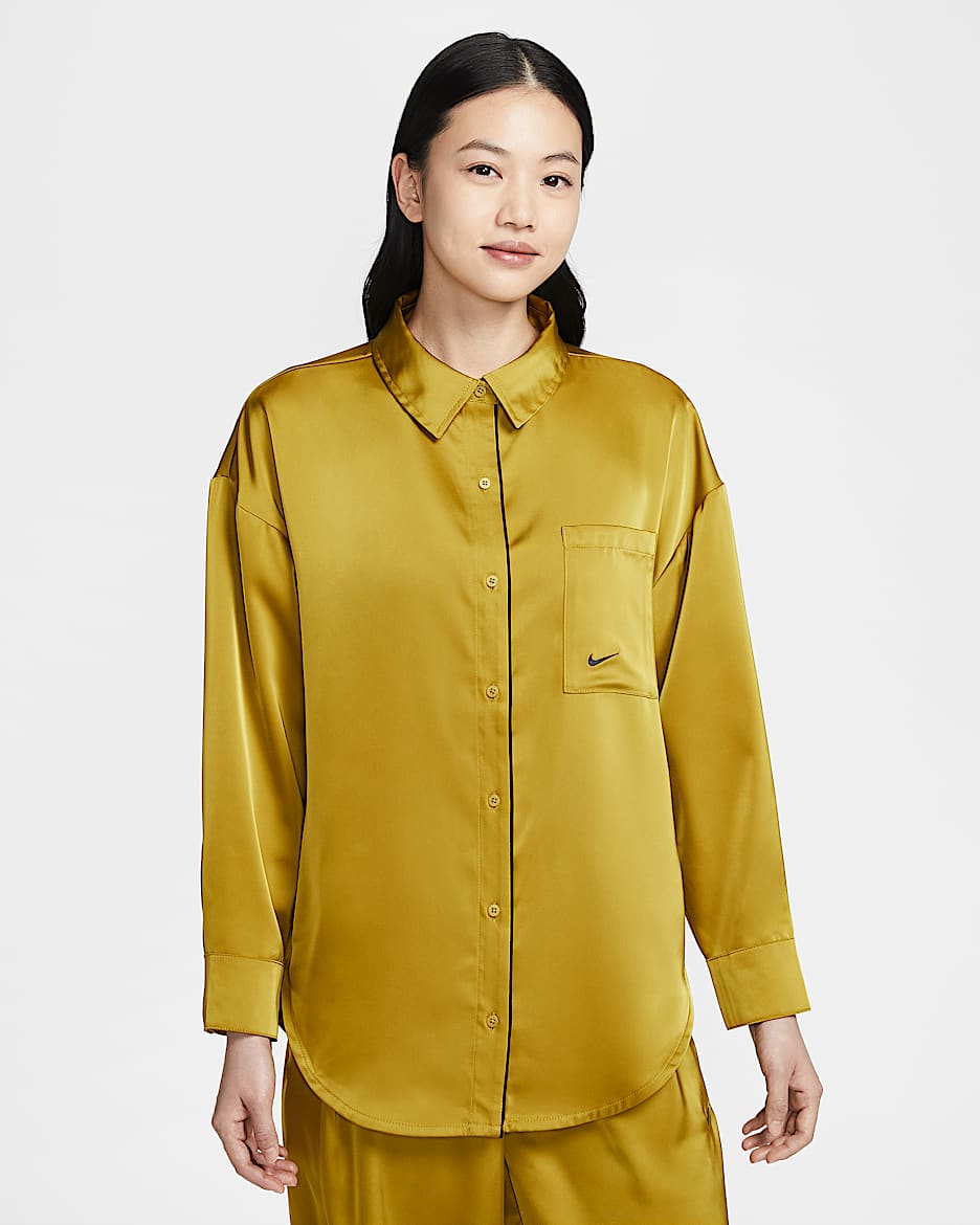 Nike Sportswear 女子 Oversize 风缎面长袖上衣 - 泥煤苔黄/黑