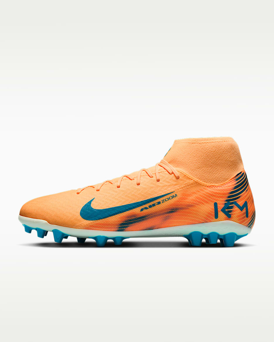 Nike Mercurial Superfly 10 Academy "Kylian Mbappé" 耐克刺客系列姆巴佩男/女 AG 人造草地高帮足球鞋 - 浅甜瓜橙/伊格鲁蓝/孔雀蓝