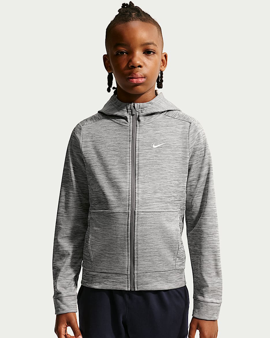 Nike Therma-FIT 大童(男孩)加绒全长拉链开襟连帽衫 - 烟灰/纯色/白色