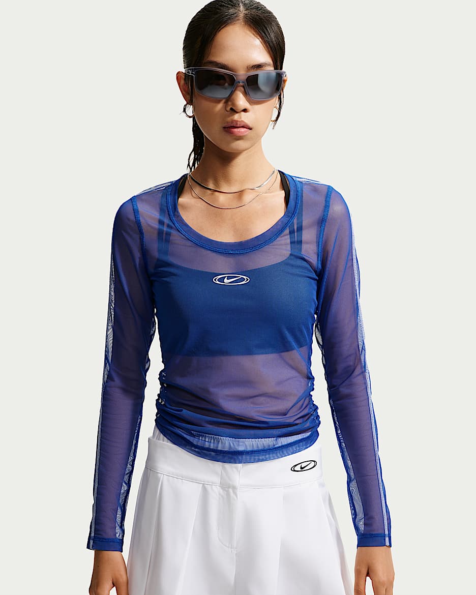 Nike Sportswear 女子修身长袖薄纱上衣 - 旧宝蓝/白色