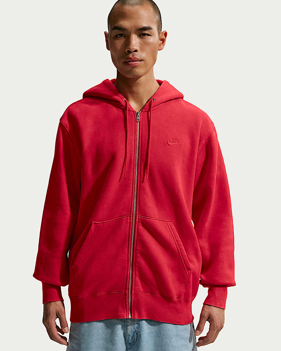 Nike Club 男子全长拉链开襟加绒连帽衫 - 大学红/大学红