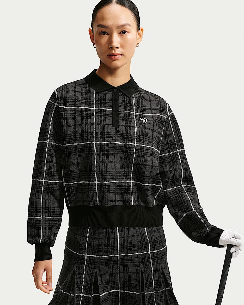 Nike Fairway Fresh 女子格纹长袖高尔夫翻领上衣 - 黑