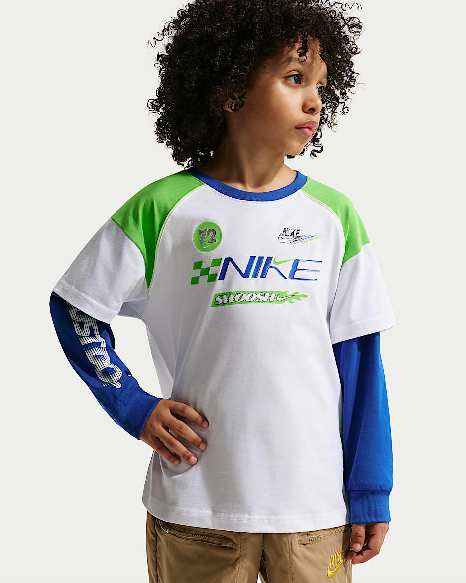 Nike Sportswear Victory Lap 幼童假两件式长袖T恤 - 白色/黑/红色/红色