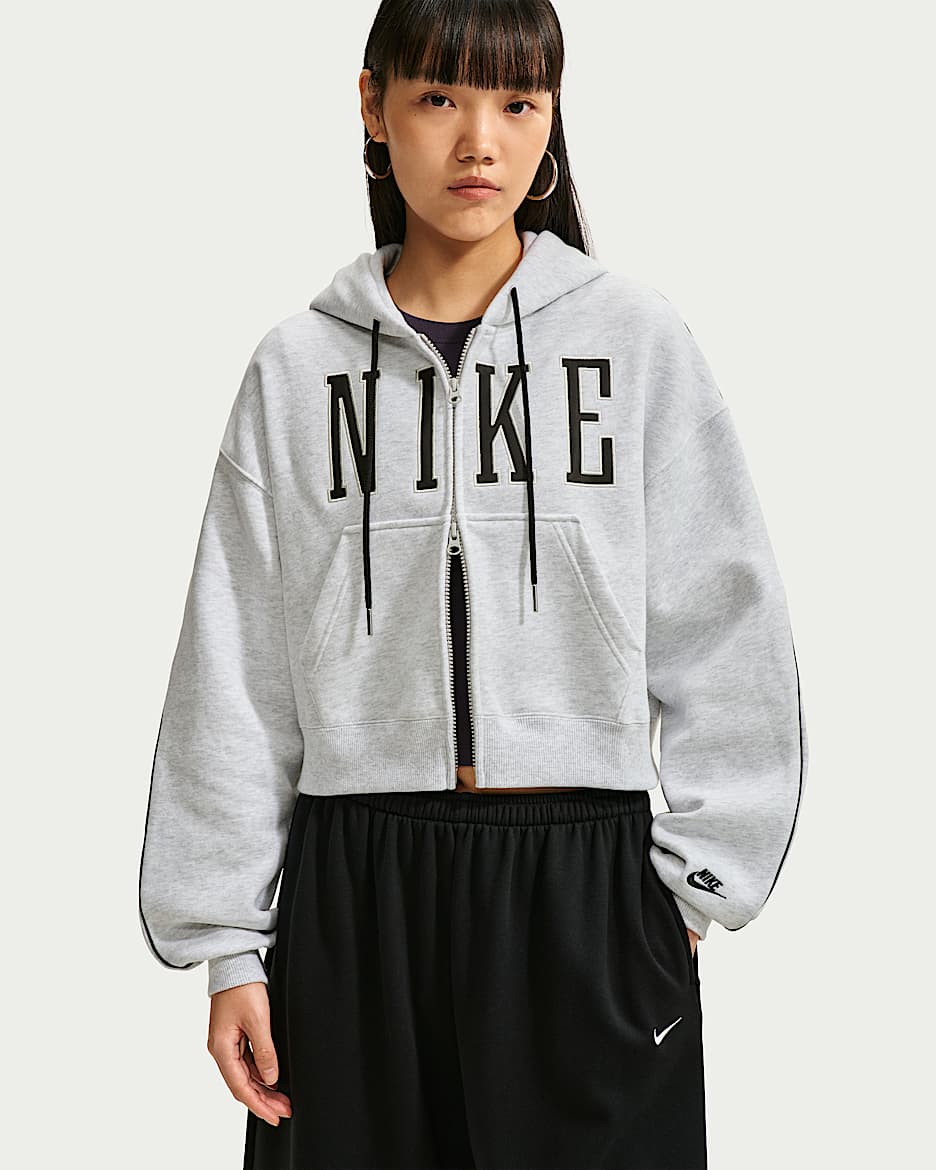 Nike Studio Fleece Medium Weight 耐克廓系卫衣系列女子 Oversize 风中克重加绒全长拉链开襟短款连帽衫 - 调色桦树色/黑/黑