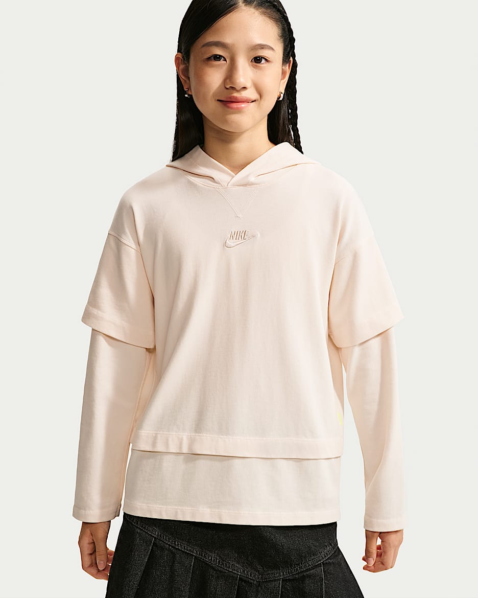 Nike Sportswear Collection 大童假两件式长袖上衣 - 粉白/神秘枣红/荧光黄/粉白