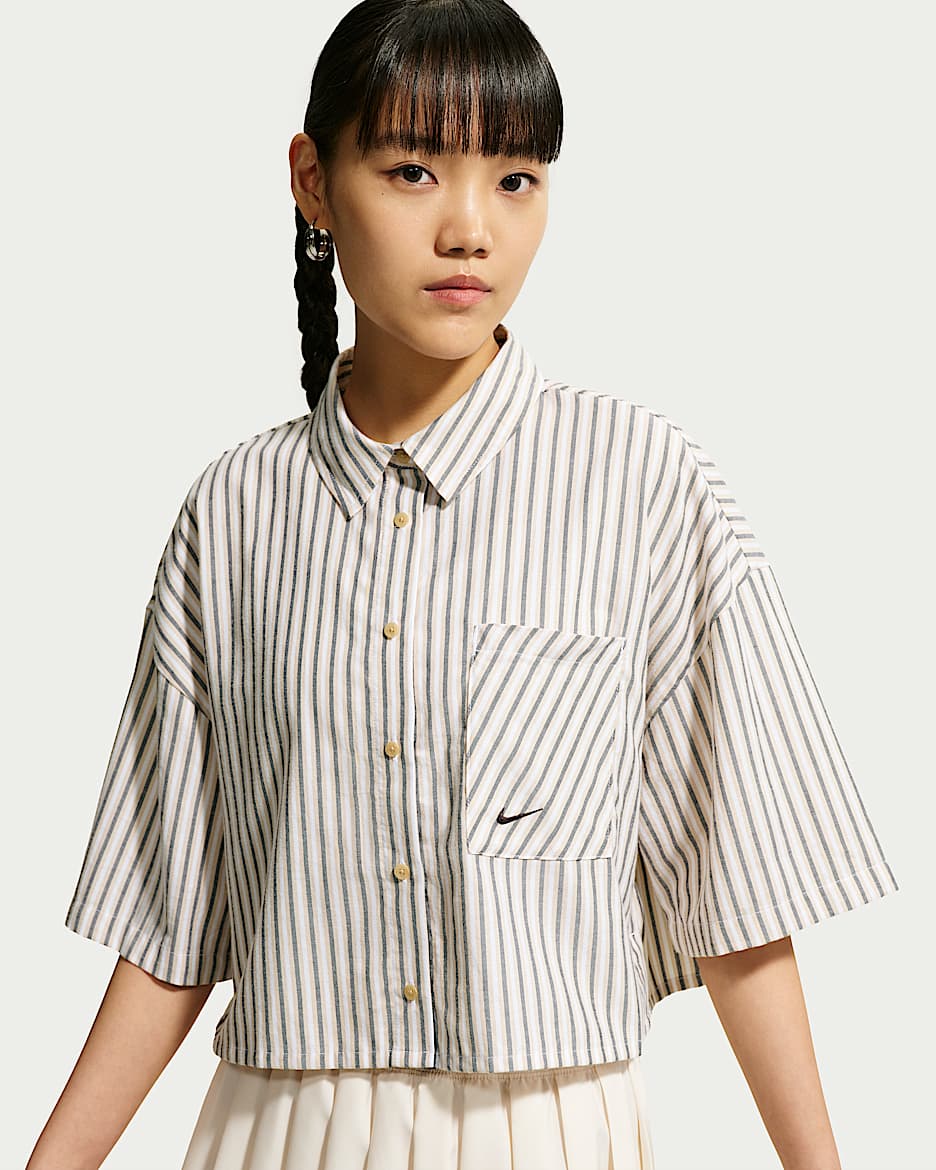 Nike Sportswear Chill Poplin 女子 Oversize 风条纹上衣 - 亚麻/亚麻/黑