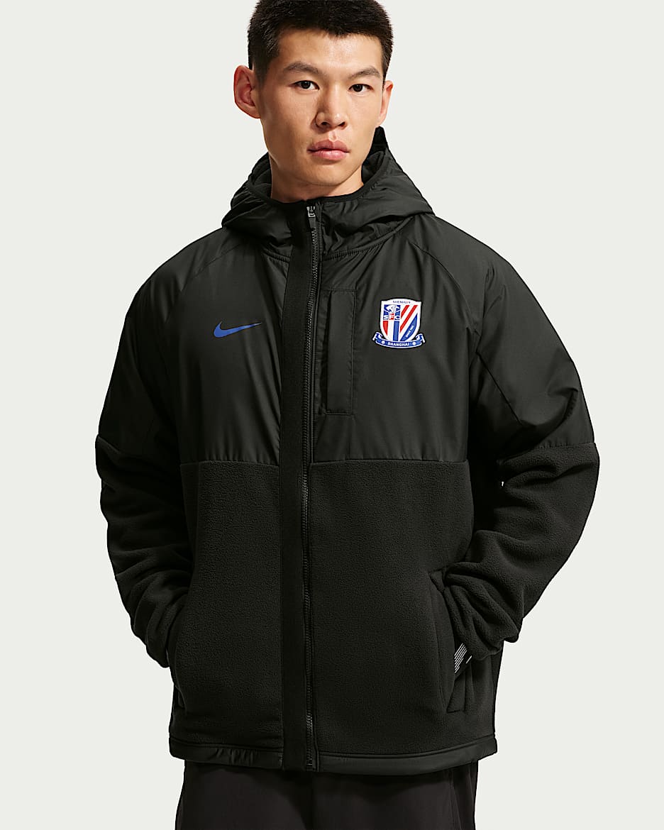 上海申花足球俱乐部 Nike 男子冬季款摇粒绒足球夹克 - 黑/校园宝蓝