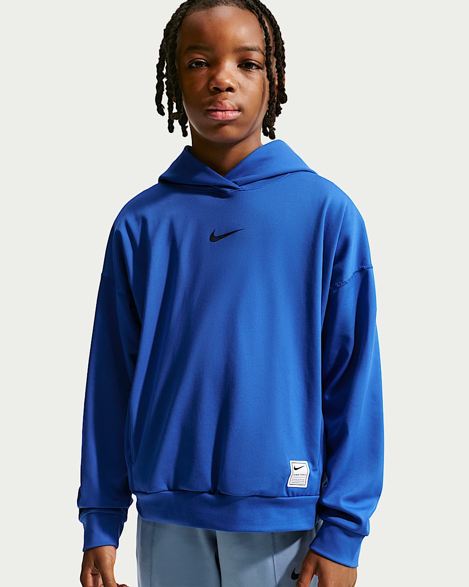 Nike Pro Dri-FIT 大童(男孩)速干针织训练套头连帽衫 - 游戏宝蓝/黑