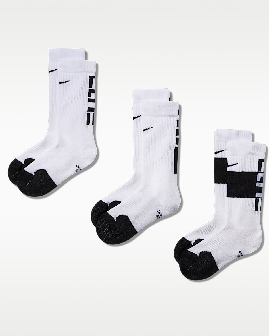 Nike Elite 大童速干中筒篮球袜(3 双) - 白色/黑