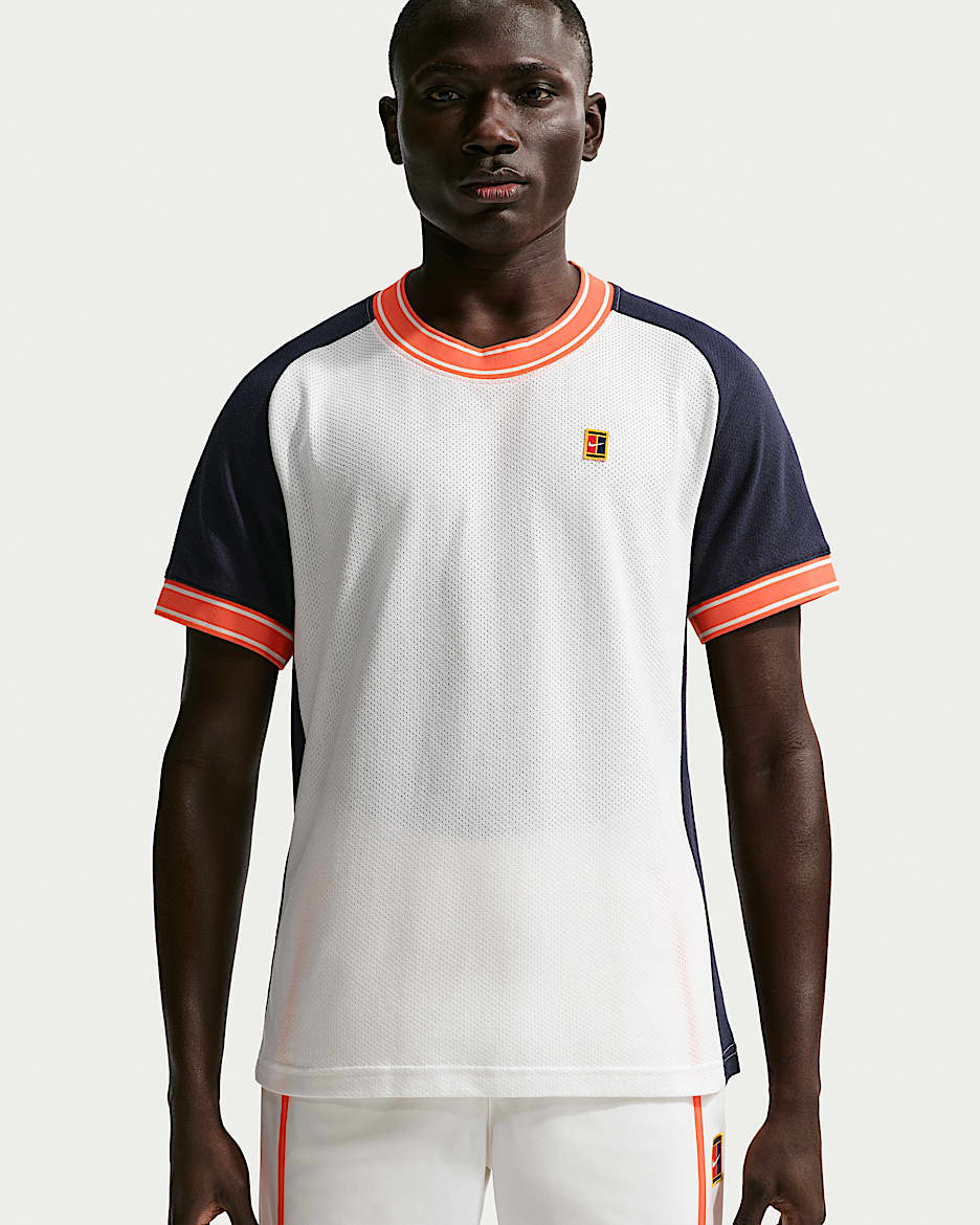 NikeCourt Heritage 男子短袖网球上衣 - 帆白/暗蓝黑