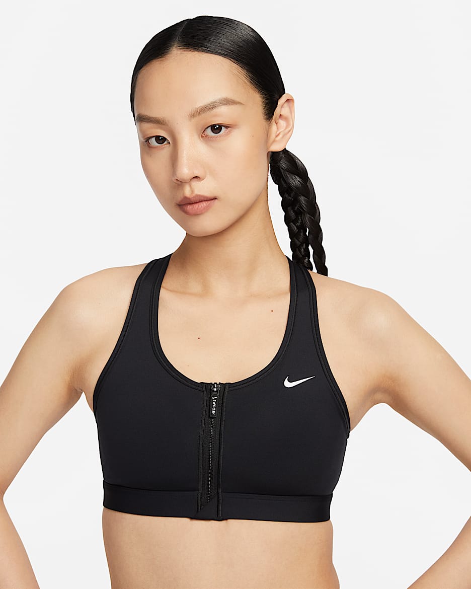 Nike Swoosh 女子中强度支撑速干衬垫前拉链运动内衣 - 黑/黑/白色