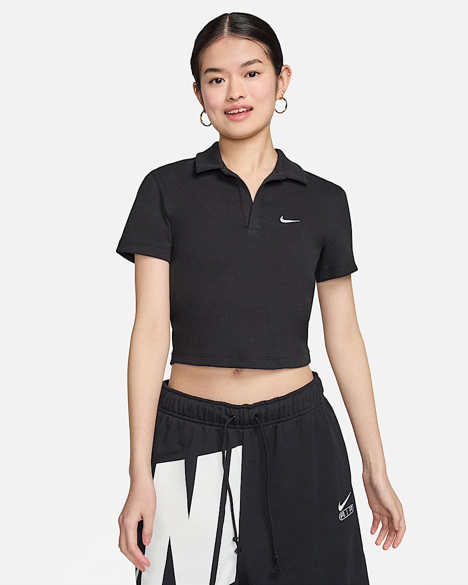 Nike Sportswear Essential 女子短袖翻领上衣 - 黑/白色