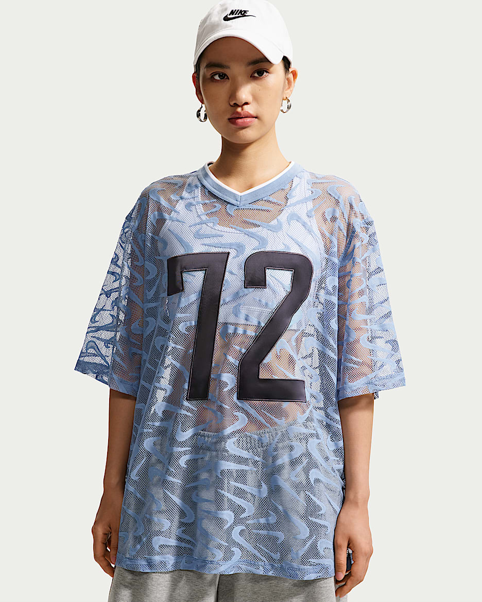 Nike Sportswear Chill Lace 女子 Oversize 风蕾丝短袖球衣 - 工作蓝/铁架黑/白色