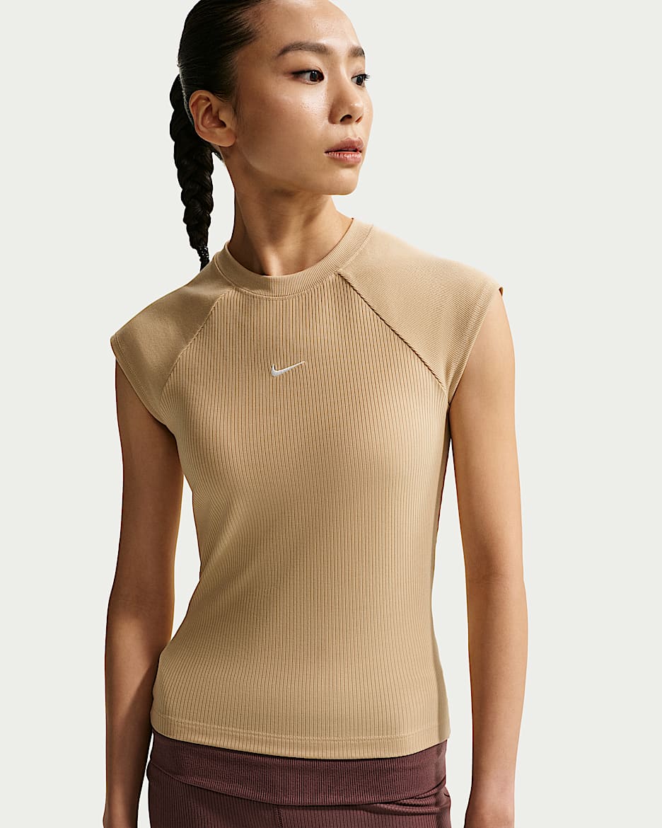 Nike Sportswear Chill Knit 女子紧身短袖罗纹上衣 - 亚麻/帆白