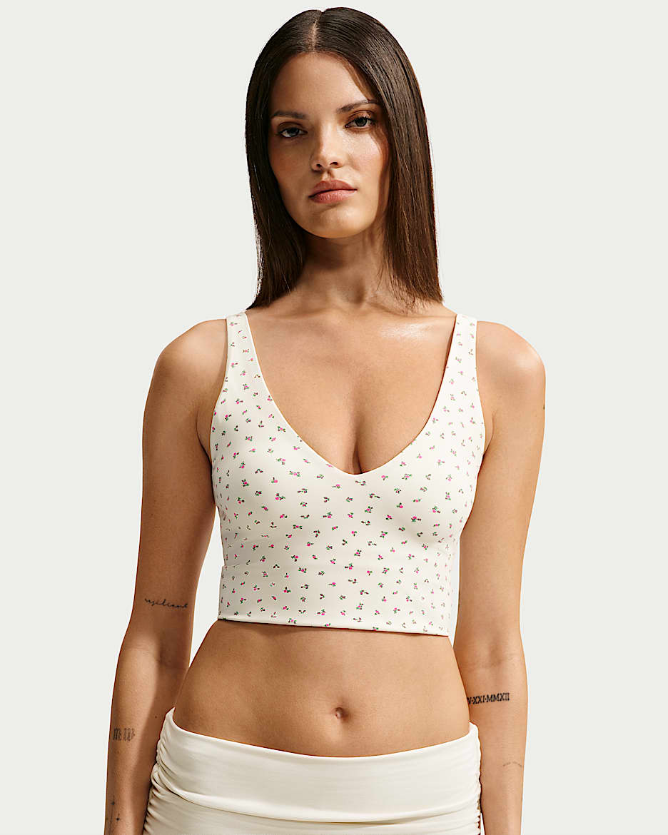NikeSKIMS Matte 女子速干印花 V 领长款运动内衣 - NSKM Actv Ivory/NSKM Flamingo