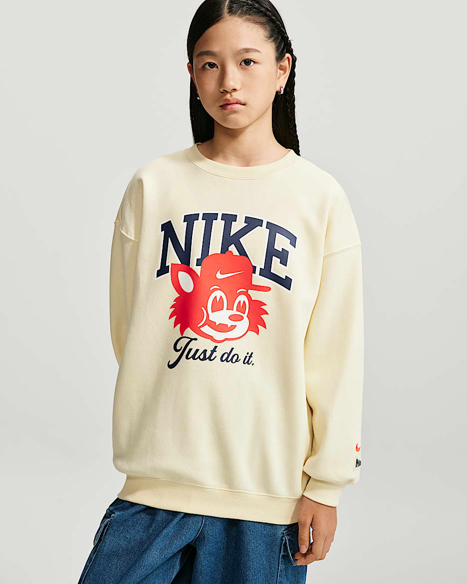 Nike Sportswear 大童（女孩）Oversize 风加绒圆领运动衫 - 椰奶色