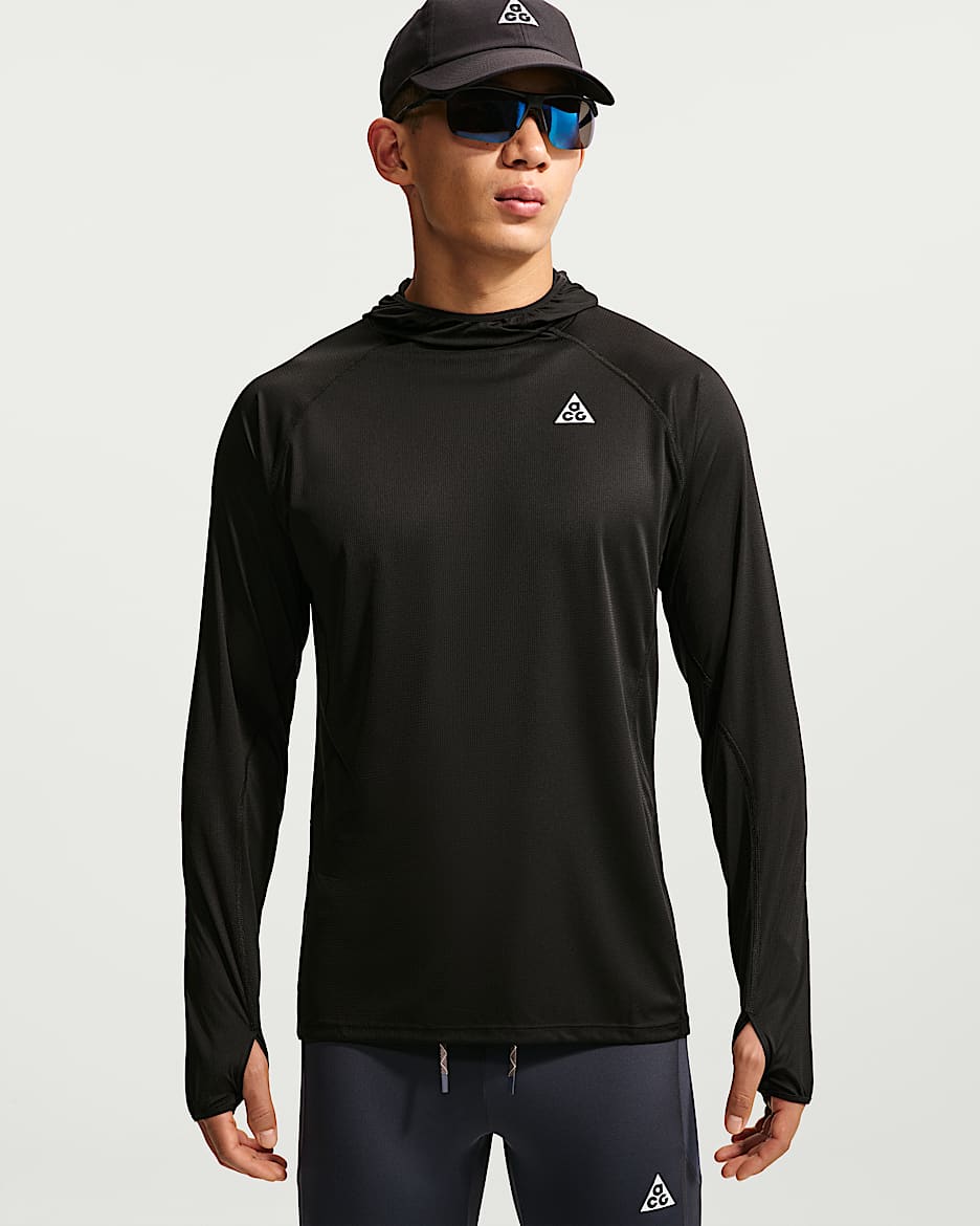 Nike ACG "Solar Chase" Dri-FIT 男子防晒速干连帽越野跑步上衣 - 黑/黑/山峰白