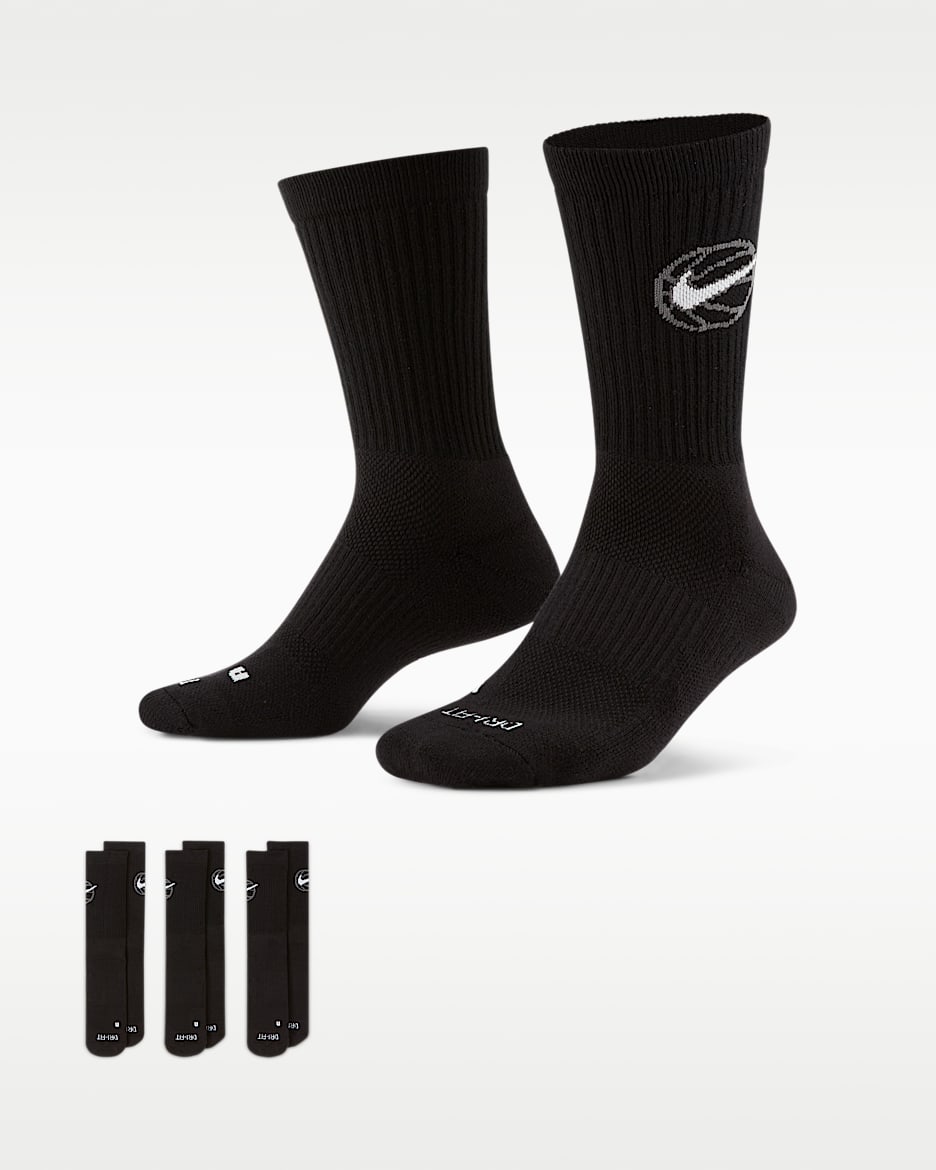 Nike Everyday 速干中筒篮球袜(3 双) - 黑/白色