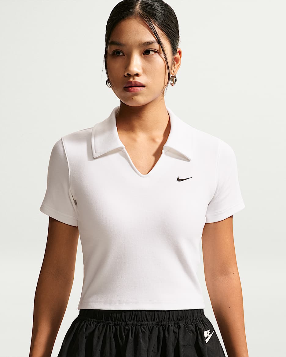 Nike Sportswear 女子紧身短款短袖翻领T恤 - 白色/黑