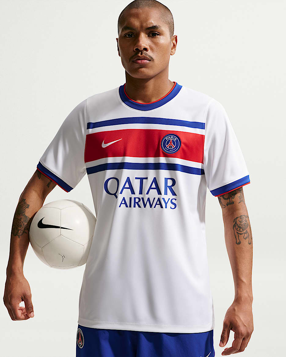 巴黎圣日耳曼足球俱乐部主场 Nike Dri-FIT 男子速干赛前短袖足球上衣 - 白色/旧宝蓝/大学红/白色