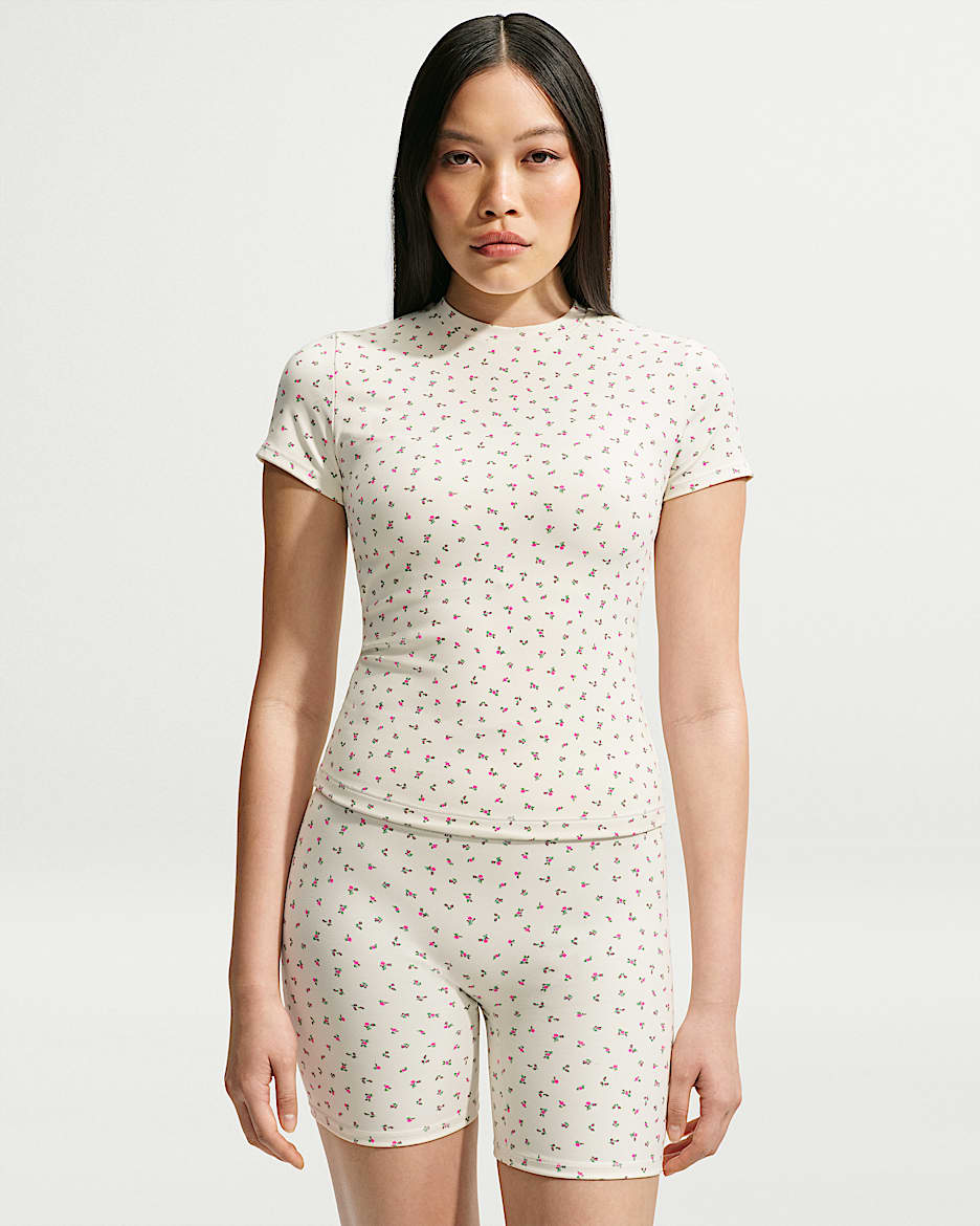 NikeSKIMS Matte 女子速干带胸垫印花短袖T恤 - NSKM Actv Ivory/NSKM Flamingo