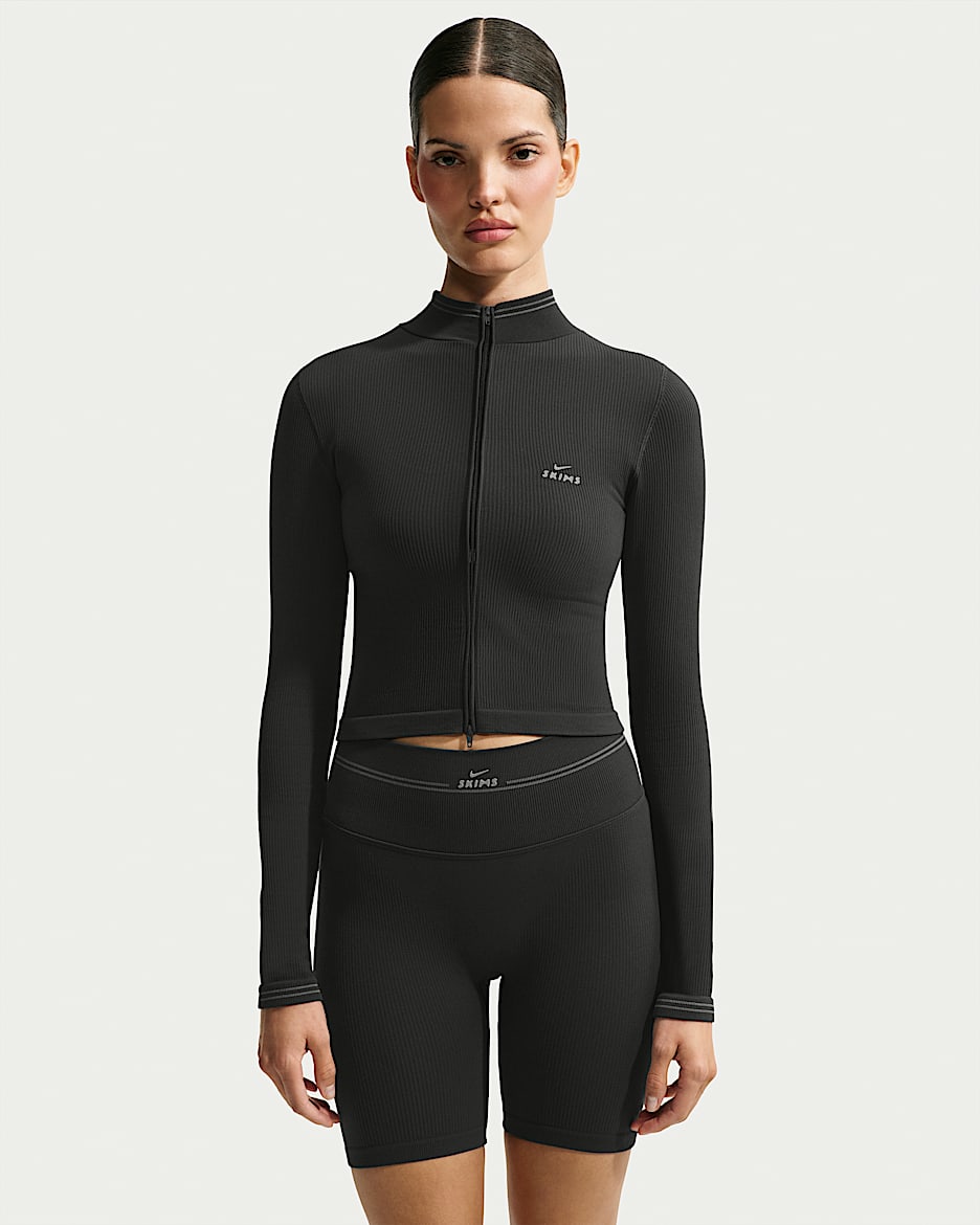 NikeSKIMS Ribbed 女子短款全长拉链开襟上衣 - NSKM Obsidian/NSKM Armor