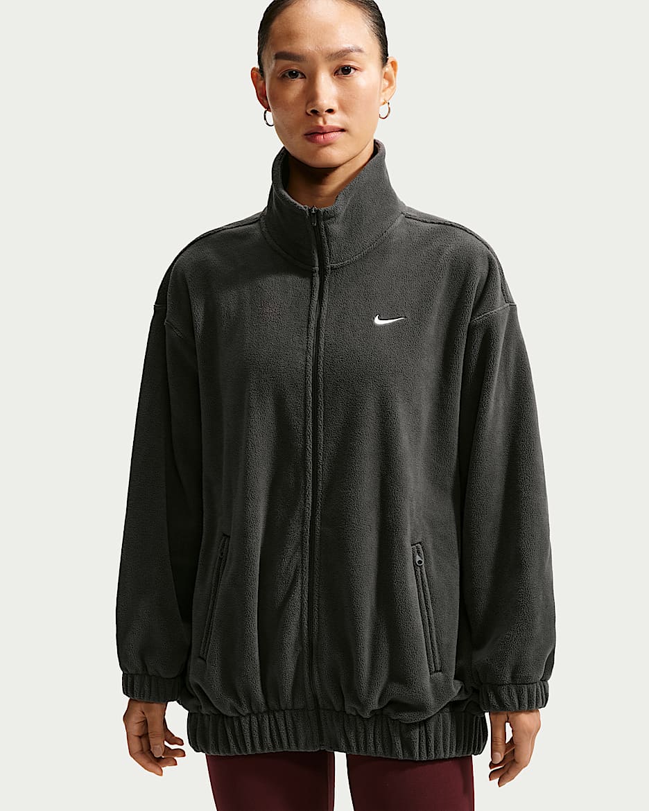 Nike One Therma-FIT 女子 Oversize 风摇粒绒全长拉链开襟夹克 - 暗烟灰/白色