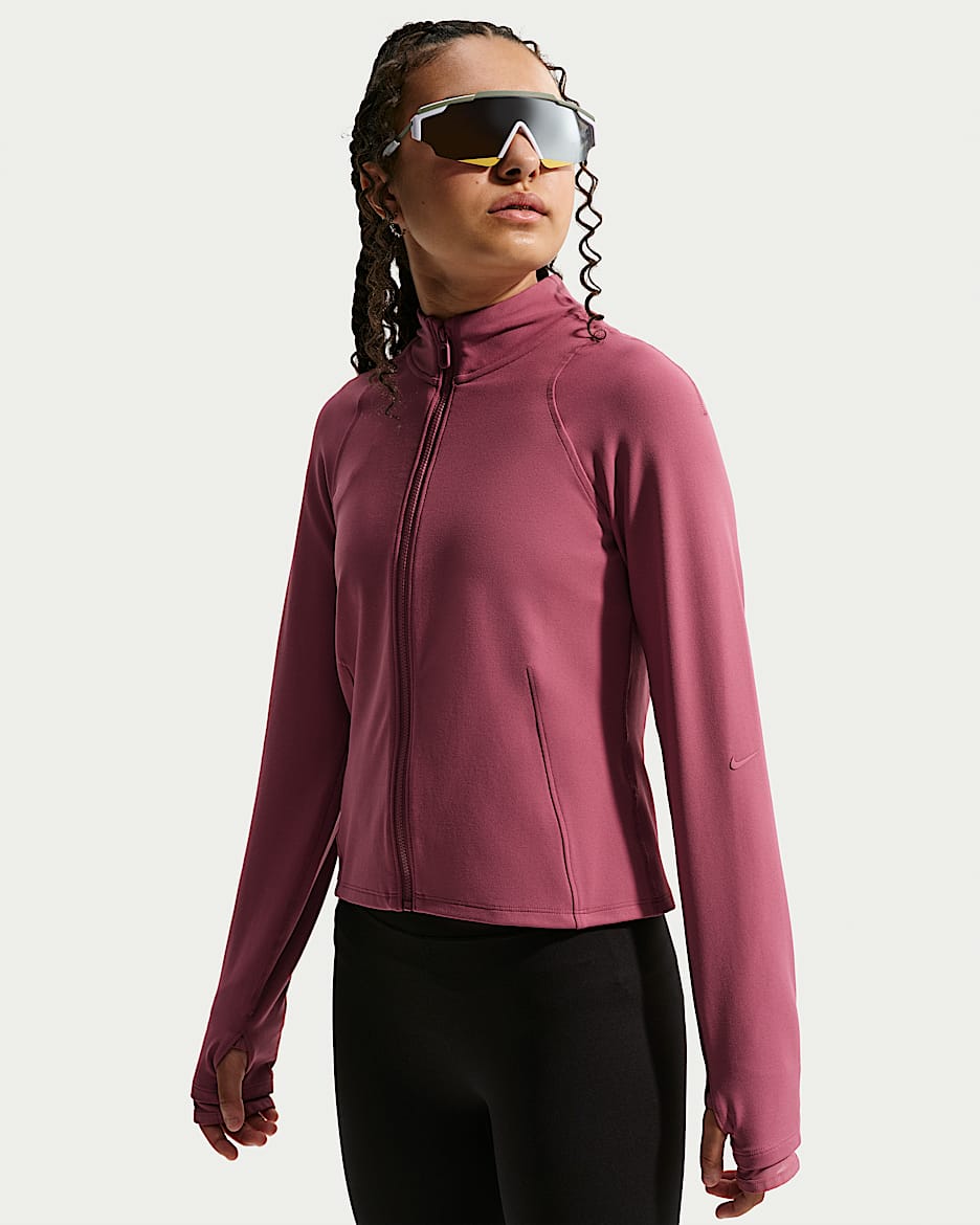 Nike MAVN Dri-FIT 耐克好动心系列大童(女孩)速干修身全长拉链开襟长袖上衣 - 烟灰粉/烟灰粉