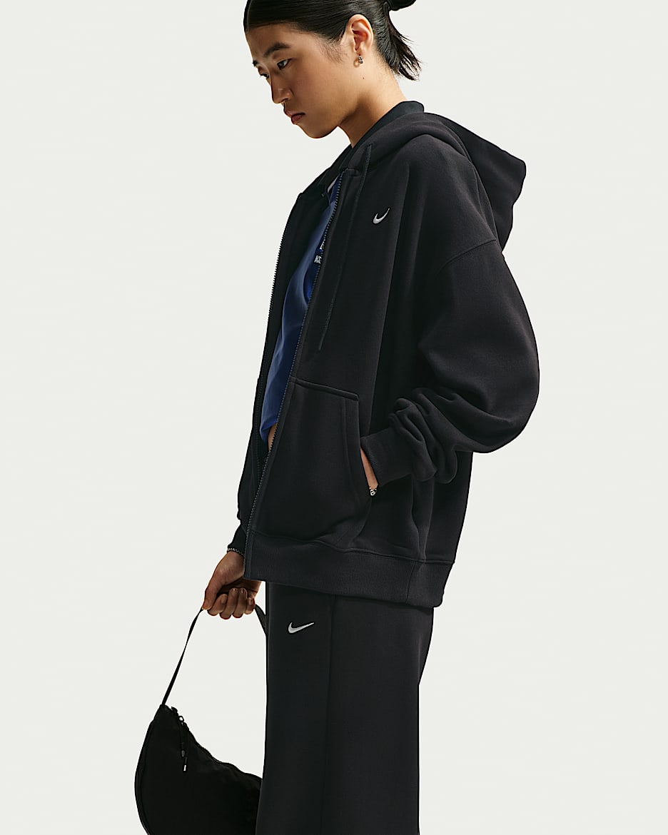 Nike Studio Fleece Medium Weight 耐克廓系卫衣系列女子 Oversize 风中克重加绒全长拉链开襟连帽衫 - Total Black/帆白