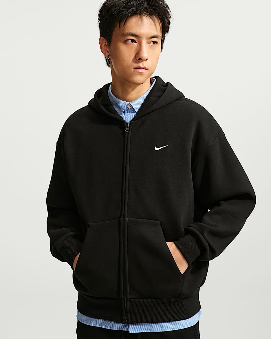 Nike Solo Fleece 男子加绒全长拉链开襟连帽衫 - Total Black/帆白