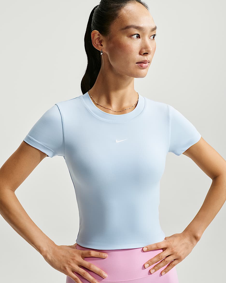 Nike One Dri-FIT 女子速干低强度支撑衬垫运动内衣式短袖上衣 - 氢蓝/白色