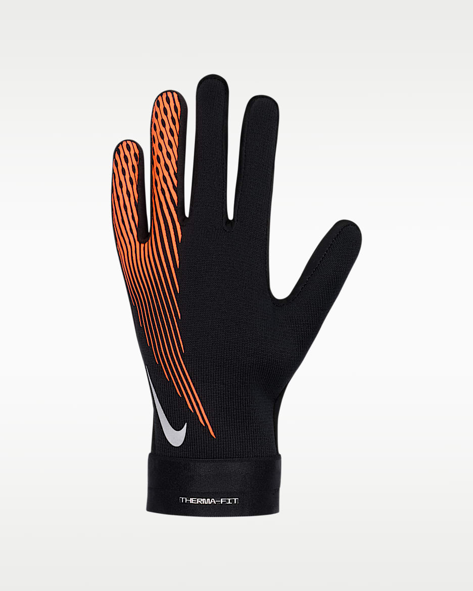 Nike Academy Therma-FIT 大童加绒足球手套（1 副） - 黑/橙红/金属银