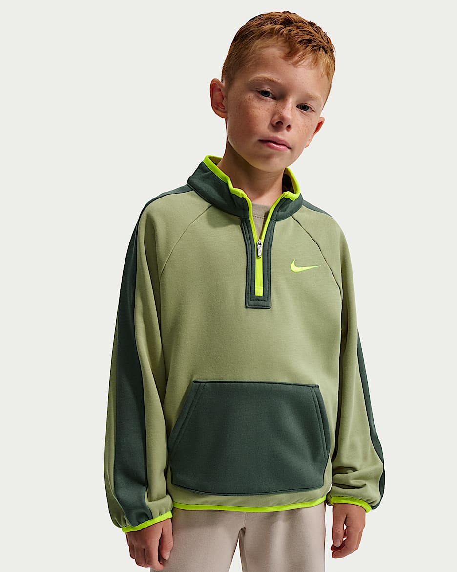 Nike Little Creators 幼童半长拉链开襟加绒上衣 - 灰橄榄绿色/亮眼柠檬黄