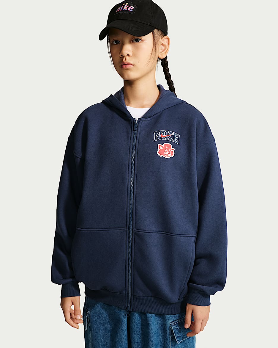 Nike Sportswear Club 大童(女孩)Oversize 风加绒全长拉链开襟连帽衫 - 深藏青