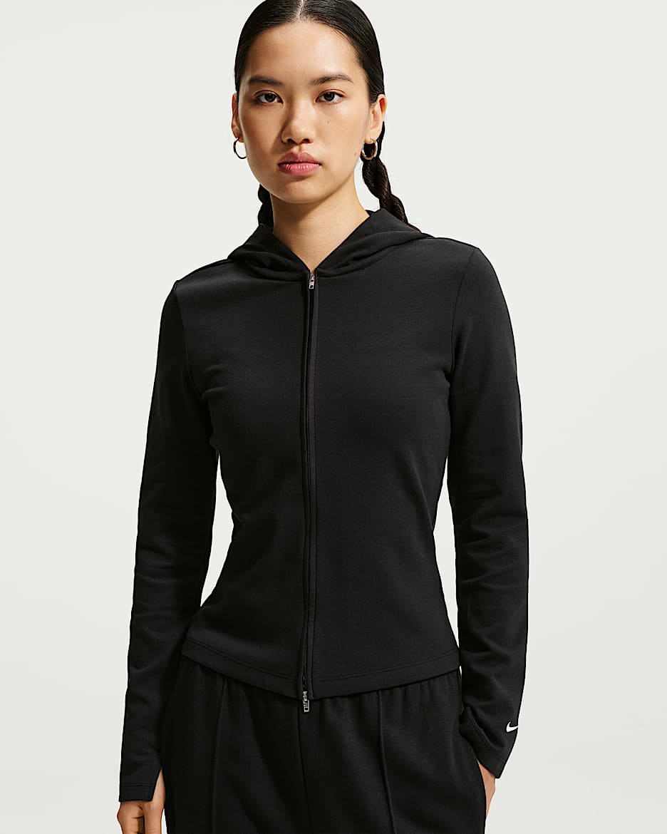 Nike Sportswear Chill Knit 女子修身长袖全长拉链开襟上衣 - 黑/黑/白色