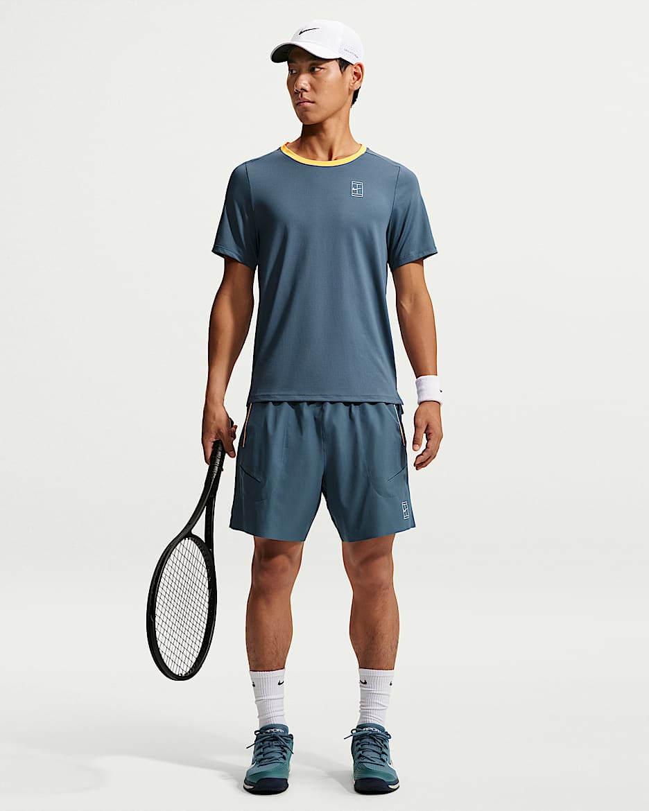 NikeCourt Advantage Dri-FIT 男子速干网球短裤 - 新石板蓝/激光橙/白色