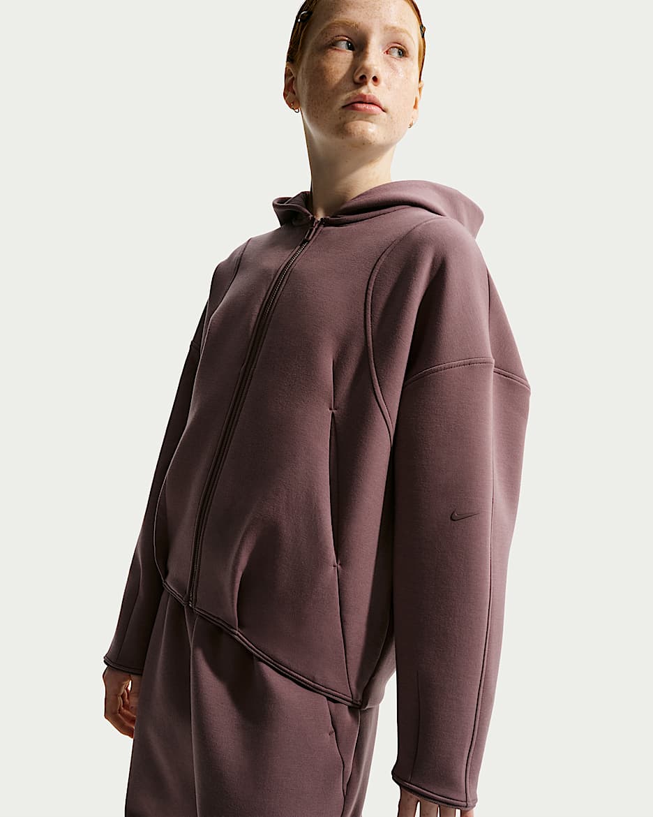 Nike MAVN Therma-FIT 耐克好动心系列大童（女孩）全长拉链开襟薄绒连帽衫 - 图腾黑紫/黑/图腾黑紫