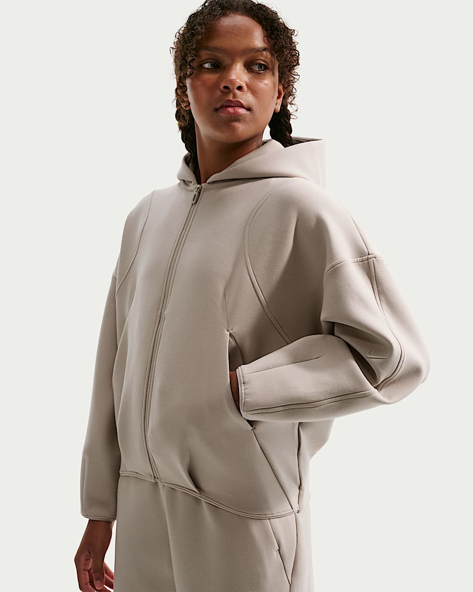 Nike MAVN Therma-FIT 耐克好动心系列大童（女孩）全长拉链开襟薄绒连帽衫 - 奶白 II/黑/奶白 II