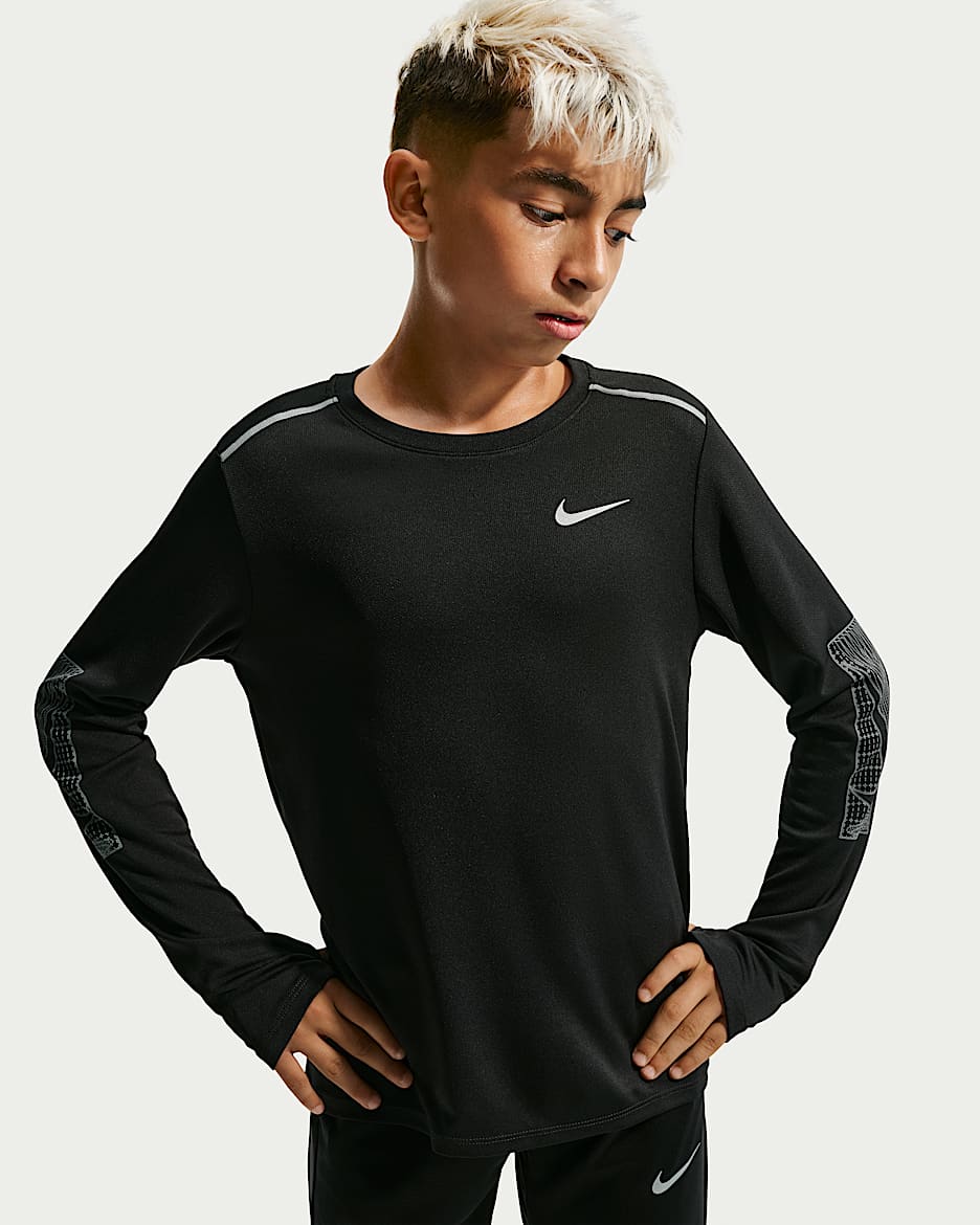 Nike Miler Dri-FIT 速干科技大童 ( 男孩 ) 防晒长袖上衣 - 黑/黑