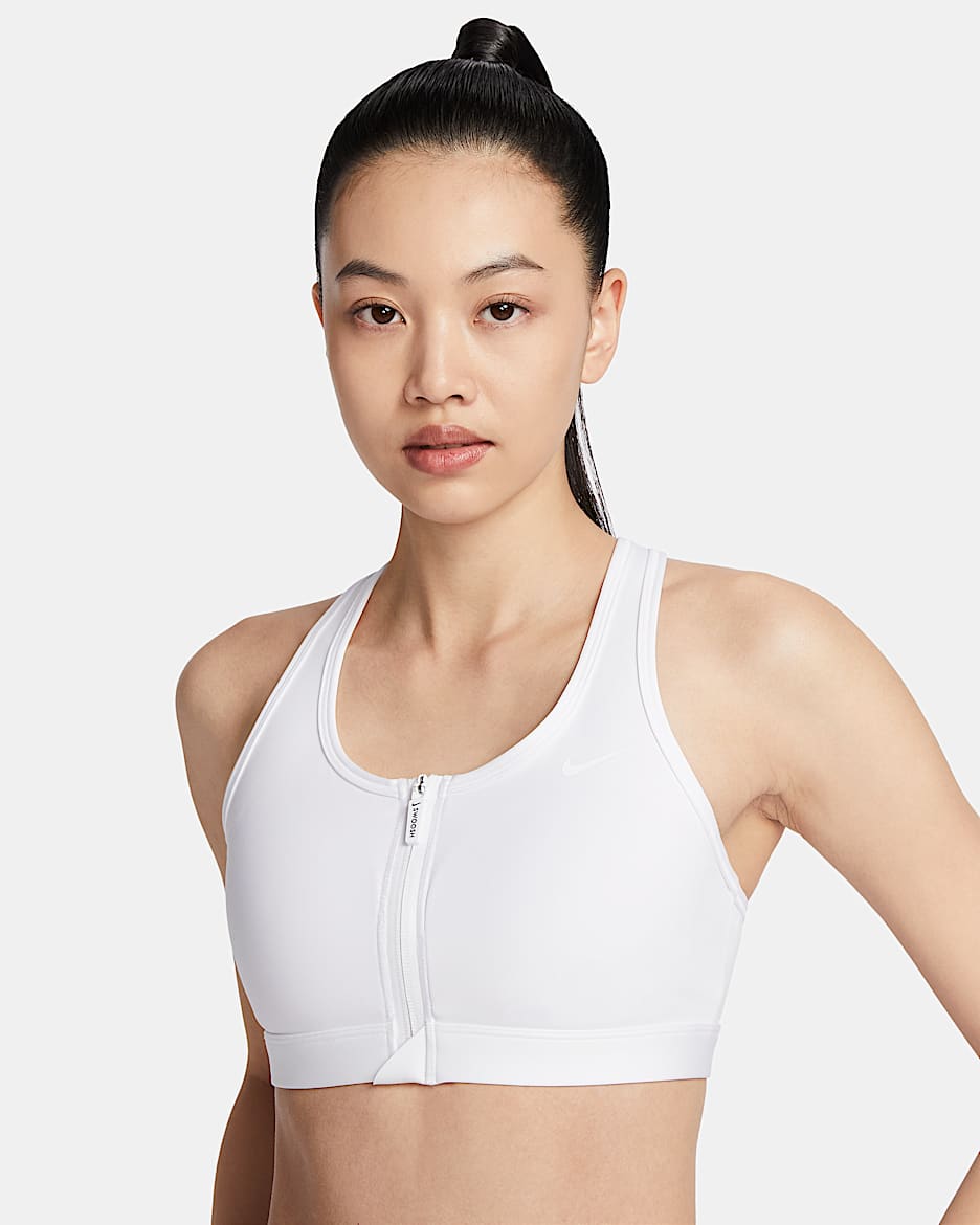 Nike Swoosh 女子中强度支撑速干衬垫前拉链运动内衣 - 白色/淡紫粉/白色
