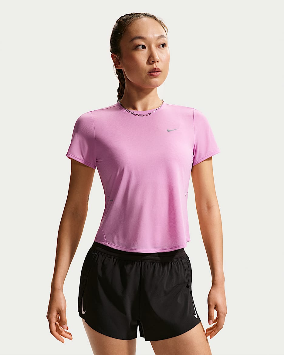 Nike Swift Dri-FIT 女子速干短袖跑步上衣 - 浅品红/尘光子色/白色