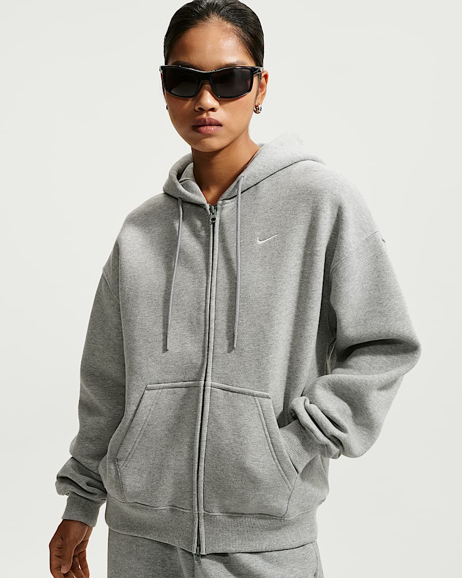 Nike Studio Fleece Medium Weight 耐克廓系卫衣系列女子 Oversize 风中克重加绒全长拉链开襟连帽衫 - 调色暗灰/帆白