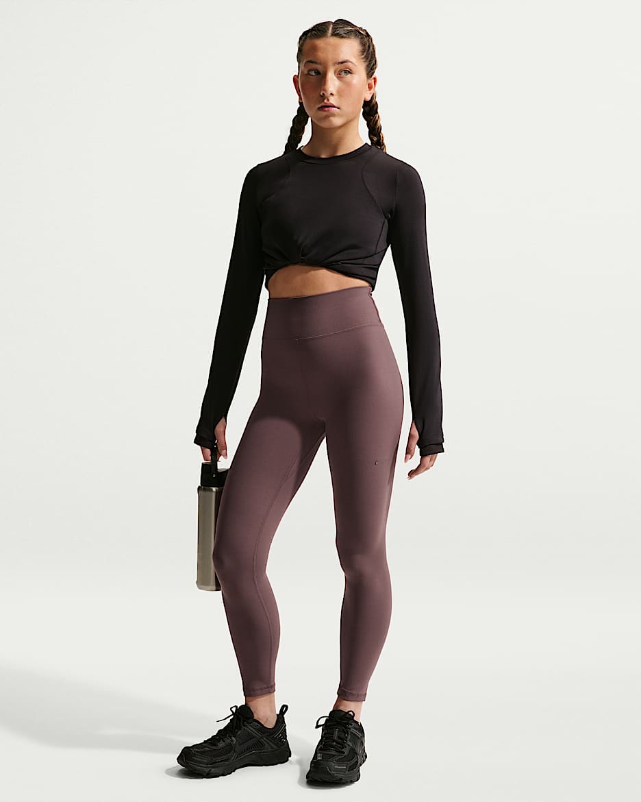 Nike MAVN Dri-FIT 耐克好动心系列大童（女孩）速干高腰紧身裤 - 图腾黑紫/图腾黑紫