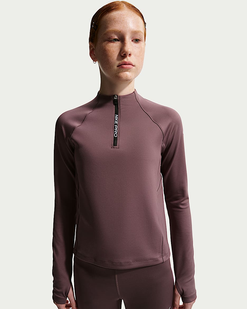 Nike Pro Dri-FIT 大童(女孩)速干长袖训练上衣 - 图腾黑紫/图腾黑紫/白色