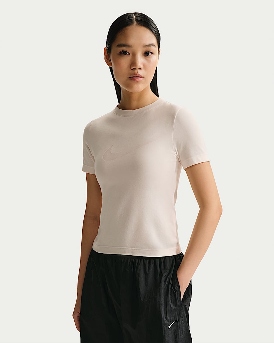 Nike Sportswear 女子修身版型短袖烧花工艺标志上衣 - 粉白/粉白