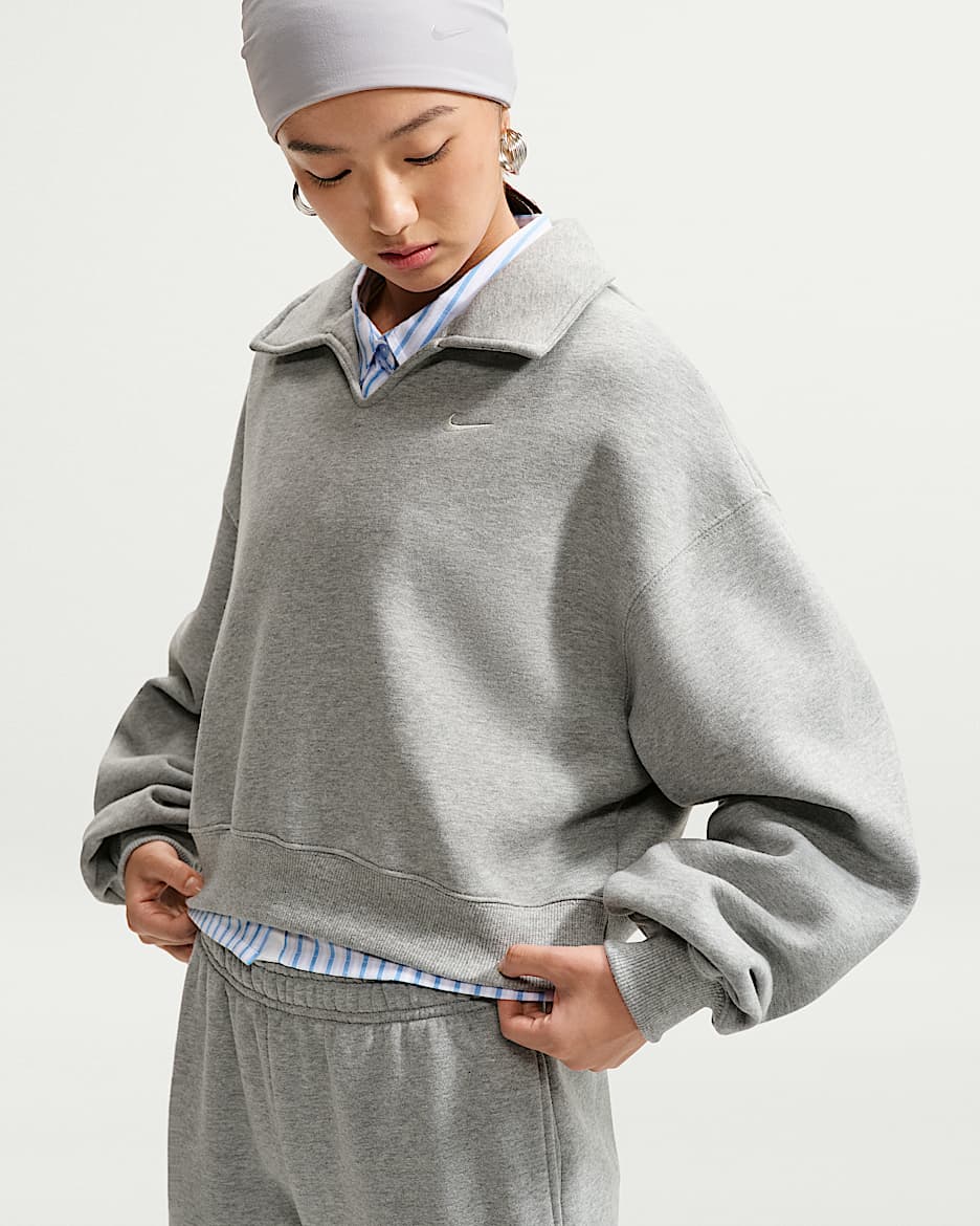 Nike Studio Fleece Medium Weight 耐克廓系卫衣系列女子 Oversize 风中克重加绒短款翻领上衣 - 调色暗灰/帆白