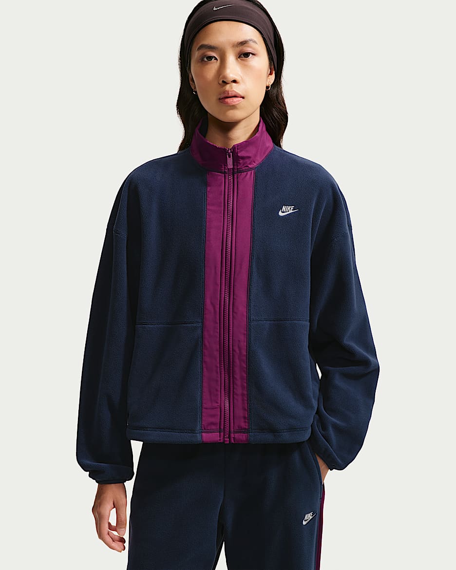 Nike Sportswear Therma-FIT 女子宽松摇粒绒全长拉链开襟运动夹克 - 深藏青/正浆果红/帆白